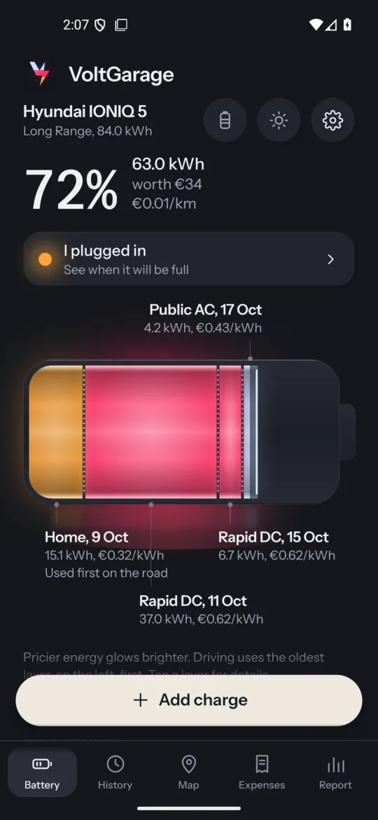 Home screen: the battery split into layers, each with its source, kWh and price (or a note when the price is unknown)