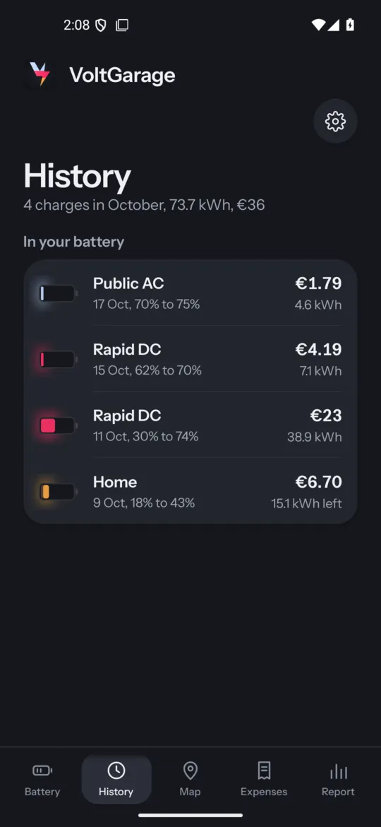 History screen: list of charges with amounts and kWh