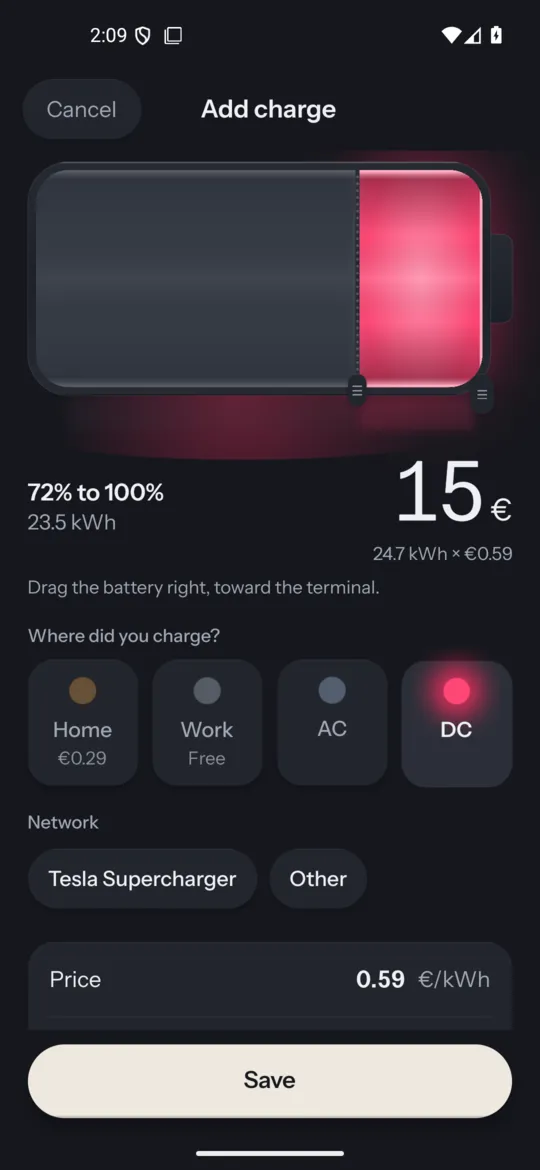 Add charge screen: fill the battery with your finger, pick the source and network