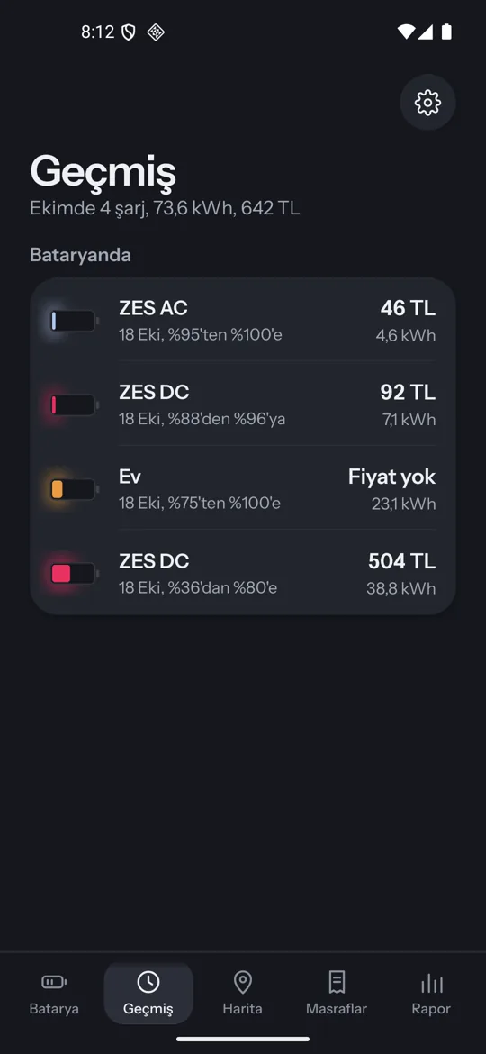 Geçmiş ekranı: şarjların listesi, tutarları ve kWh değerleri