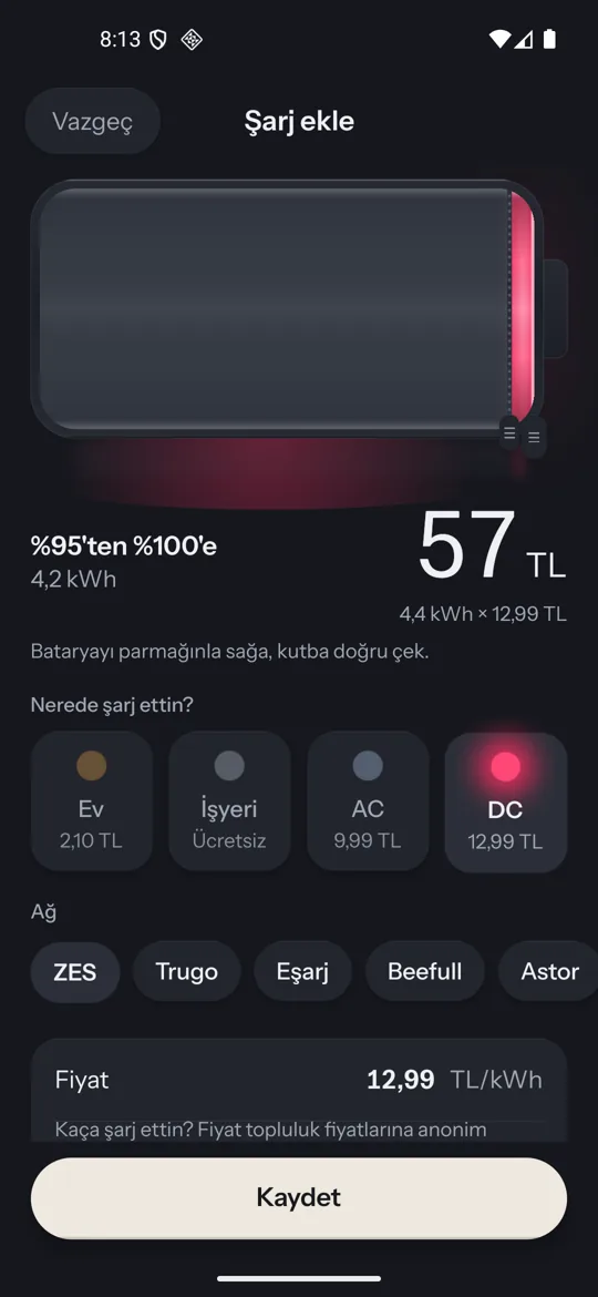 Şarj ekleme ekranı: bataryayı parmakla doldurma, kaynak ve ağ seçimi